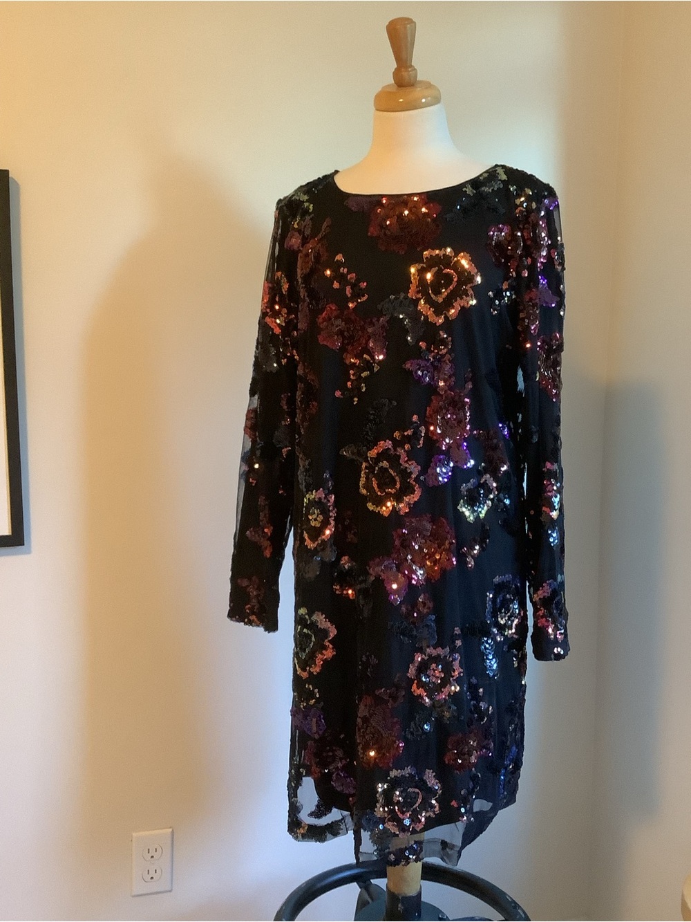 Tribal Femme Black Long-Sleeve Sequin Floral Dress
